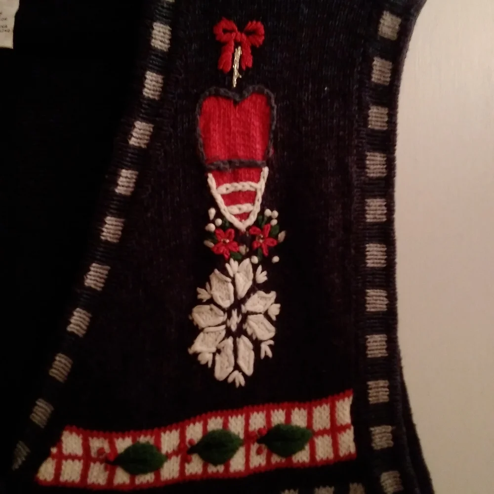 CHristmas vest Navy 3X Pre-owned Stocking Sleigh Poinsetta Embroidered … - Picture 2 of 14
